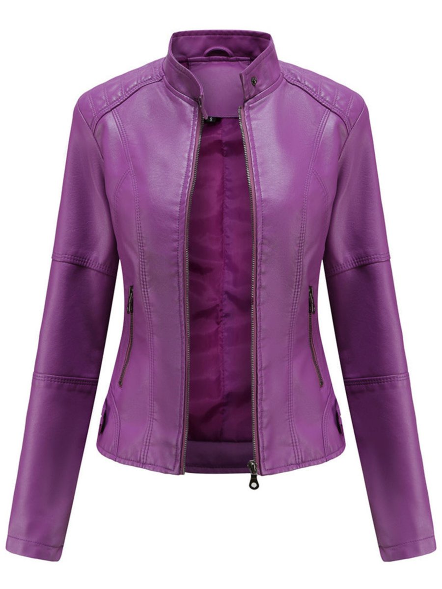 Annika purple fitted biker jacket with quilted shoulder detail, front view