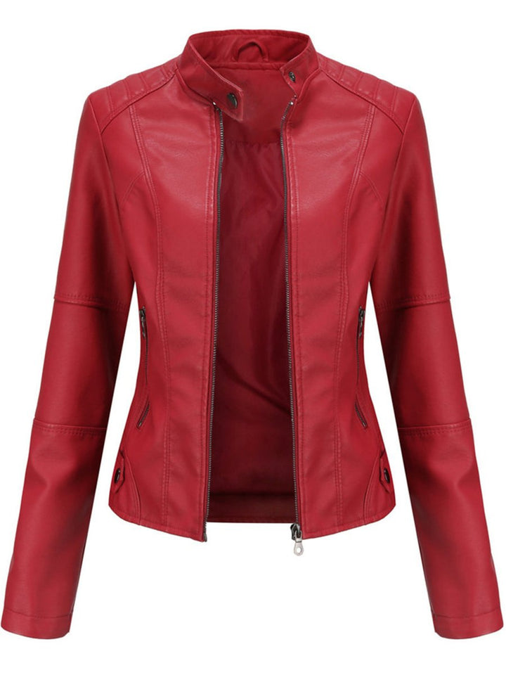 Annika red fitted biker jacket with stand collar, front view