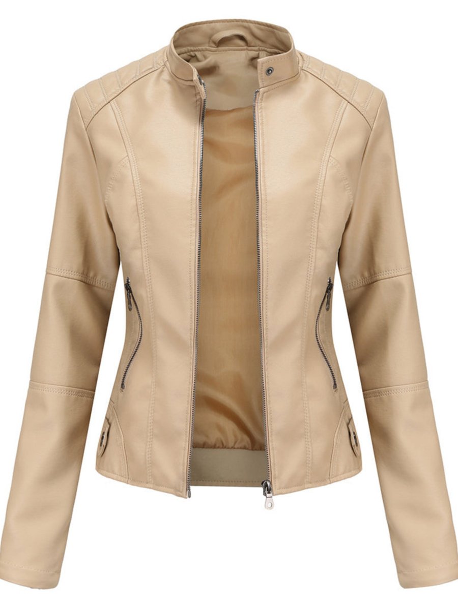 Annika beige fitted biker jacket with zip pockets, front view