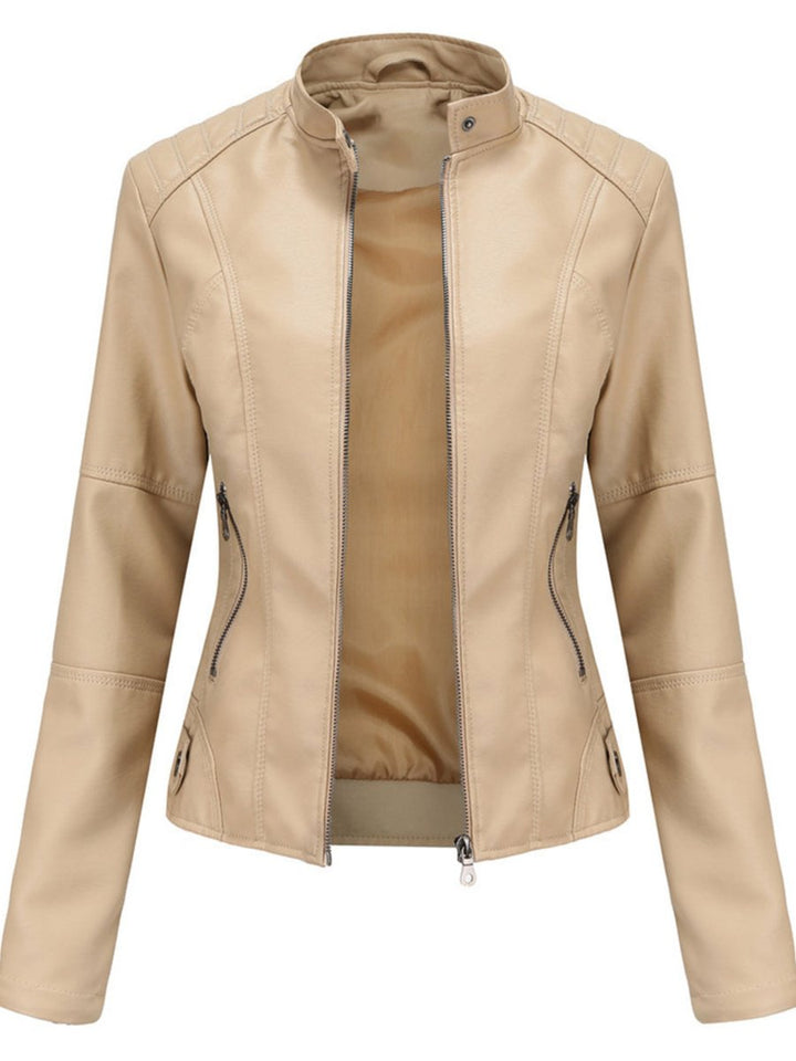 Annika beige fitted biker jacket with zip pockets, front view