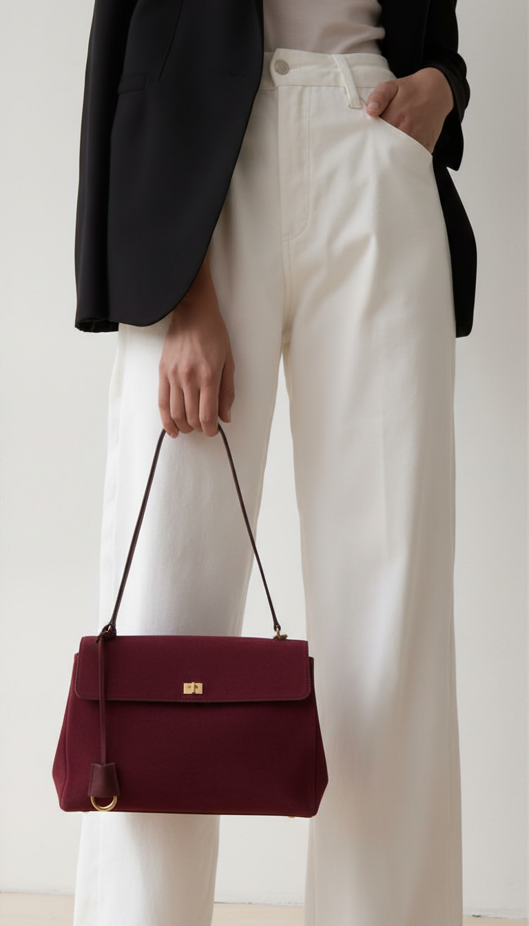 Shoulder Bag – Oval Shape, Lock Closure, Retro Style