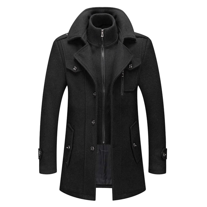 Barnaby black double-layer single-breasted overcoat with knit collar, front view zipped open