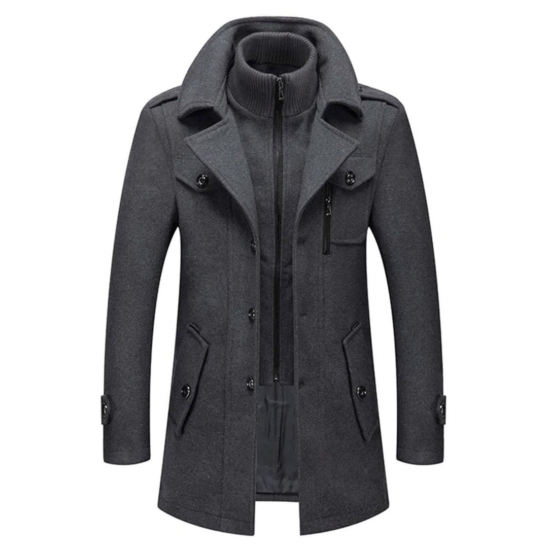 Barnaby grey double-layer single-breasted overcoat, front view zipped open