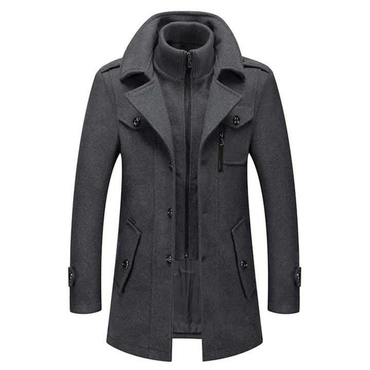 Barnaby grey double-layer single-breasted overcoat, front view zipped open