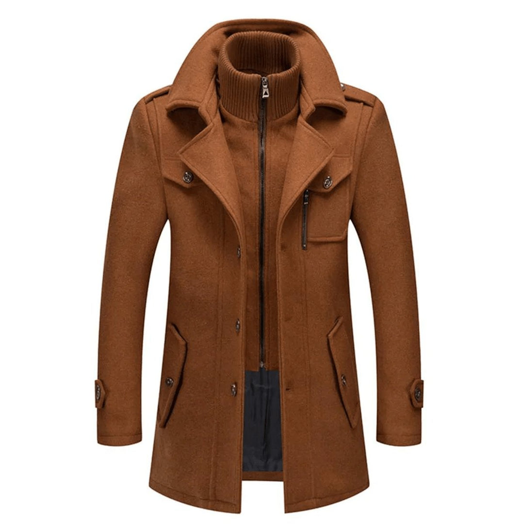 Barnaby brown double-layer single-breasted overcoat, front view zipped open