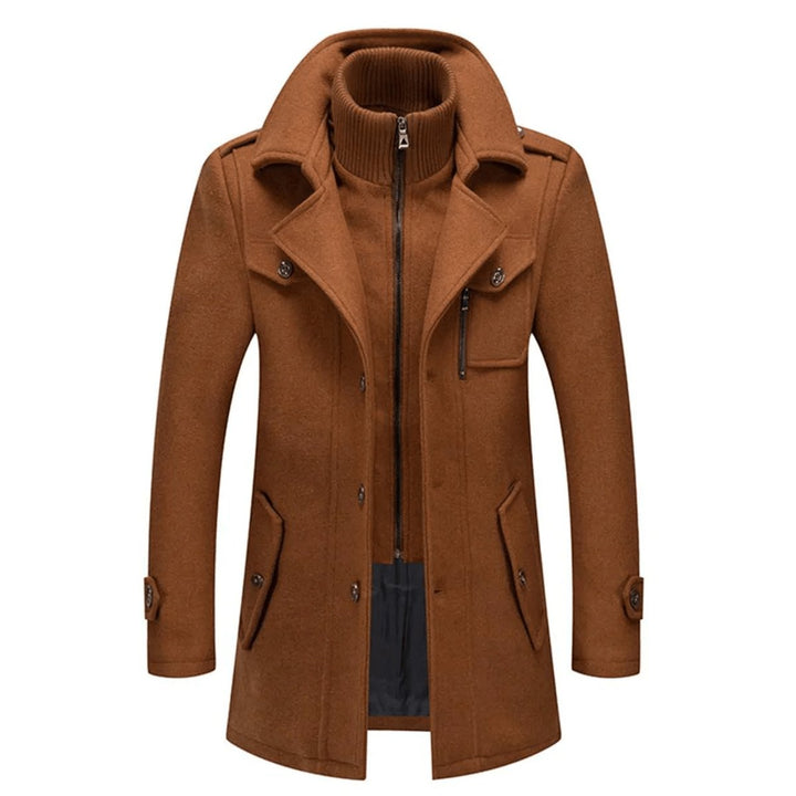 Barnaby brown double-layer single-breasted overcoat, front view zipped open