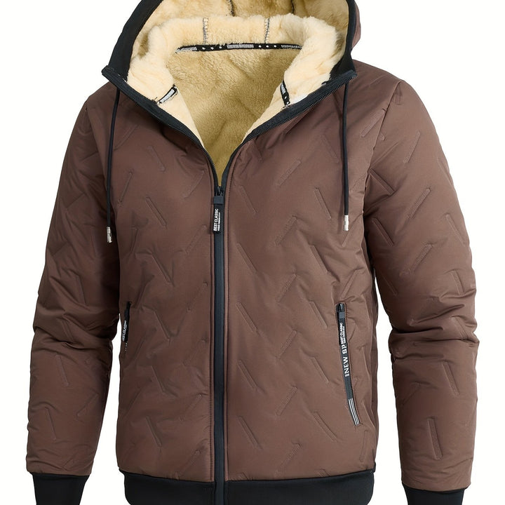 Barnaby fleece lined hooded puffer jacket, open front view showing fur hood lining