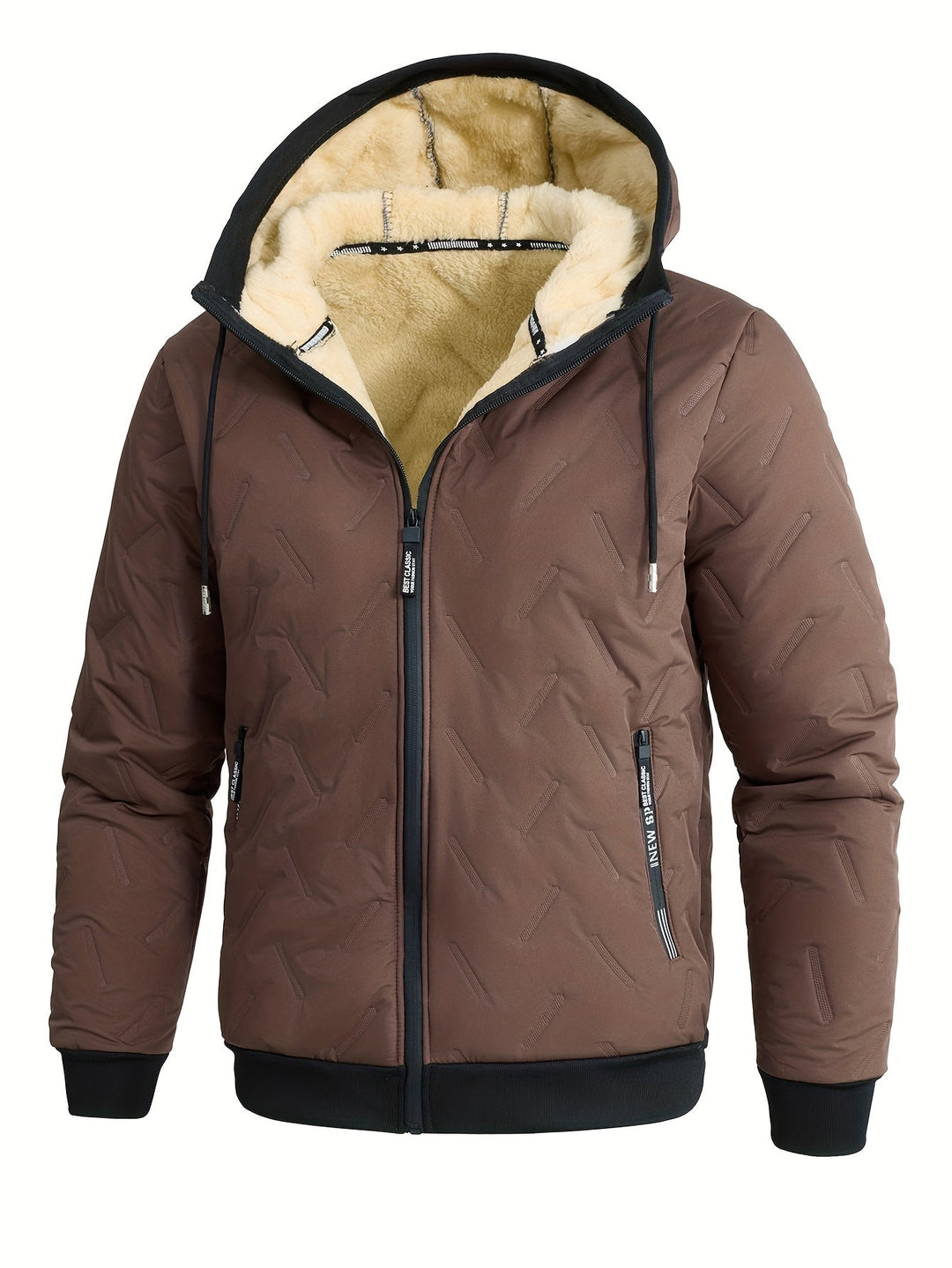 Barnaby fleece lined hooded puffer jacket, front view fully zipped