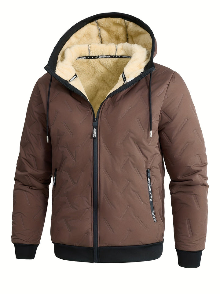 Barnaby fleece lined hooded puffer jacket, front view fully zipped