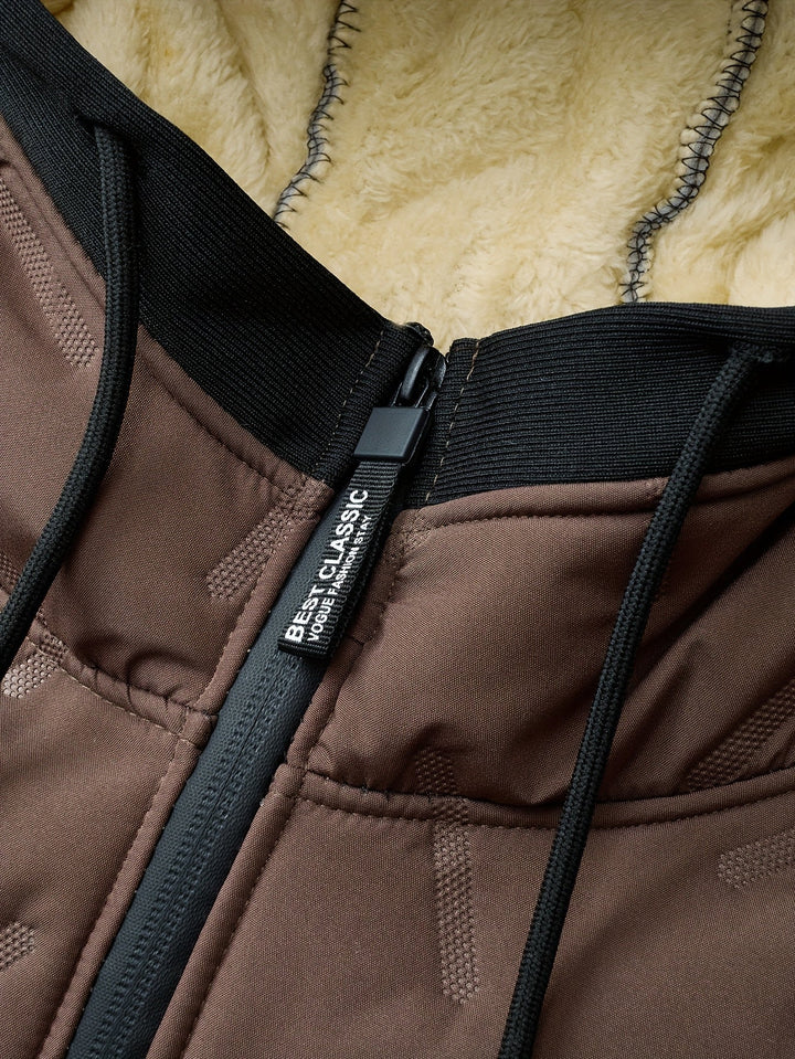Close-up of Barnaby jacket zip pull and fleece hood lining detail
