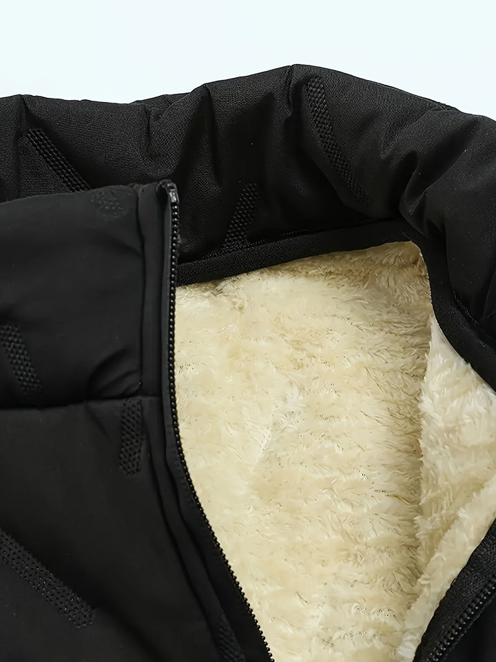 Close-up of Barnaby bodywarmer collar showing plush fleece lining and zip trim