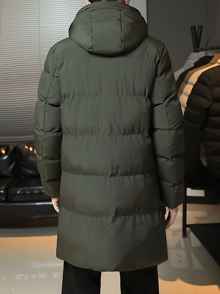 Barnaby hooded longline puffer coat in grey, close-up front detail