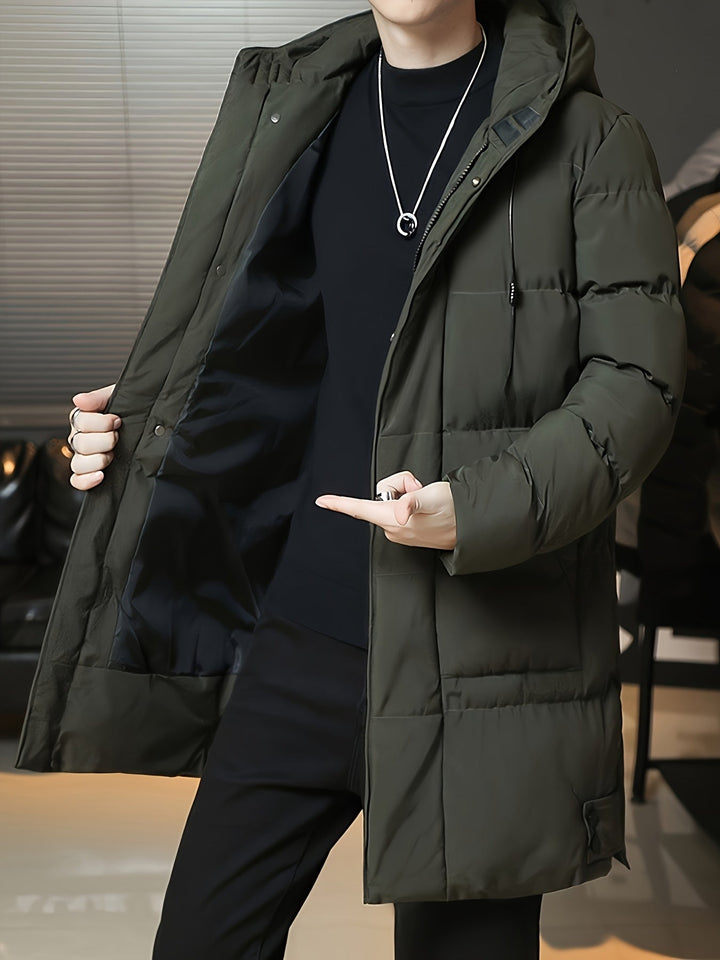 Man wearing Barnaby grey longline coat, close-up on drawstring hood