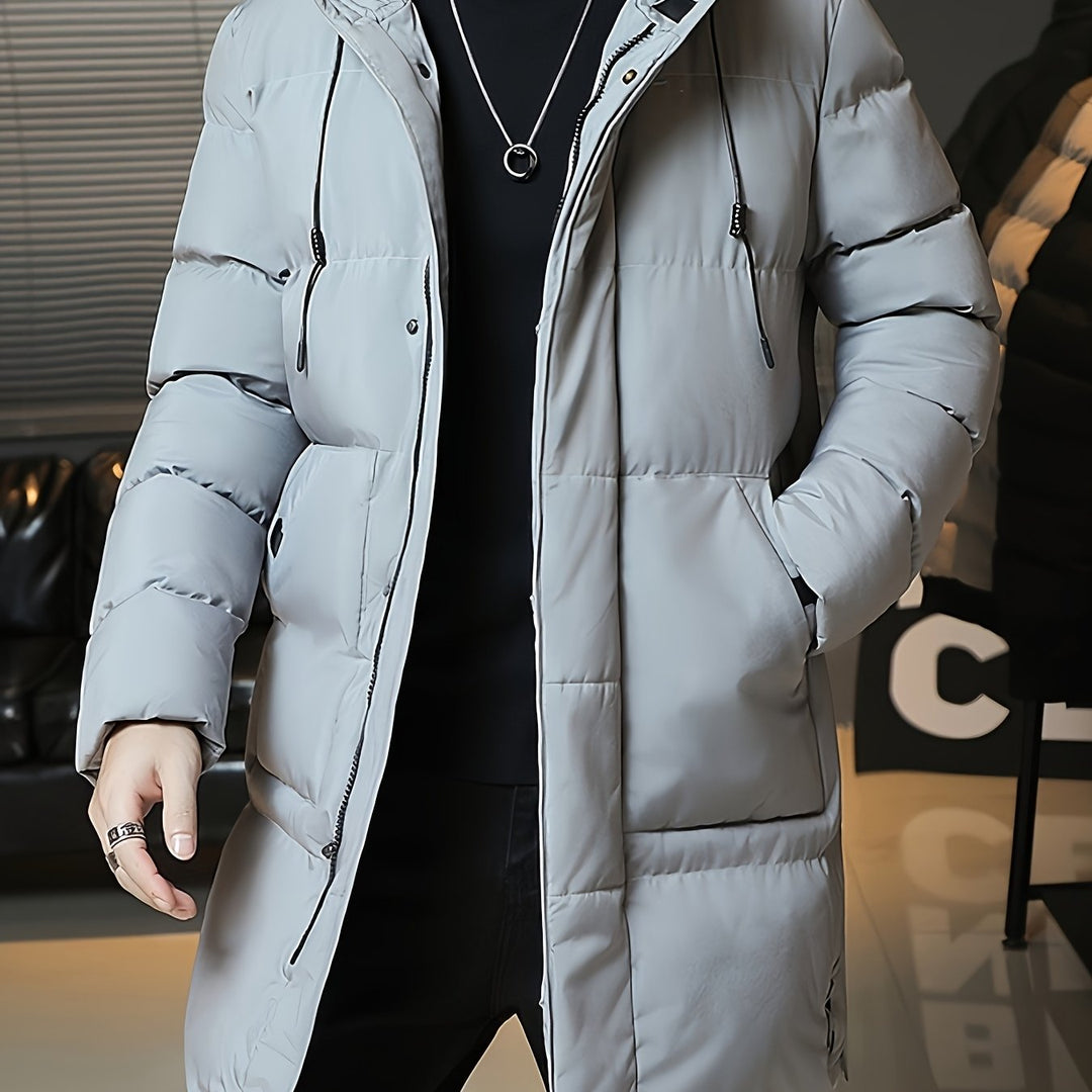 Back view of Barnaby grey longline puffer coat showing hood