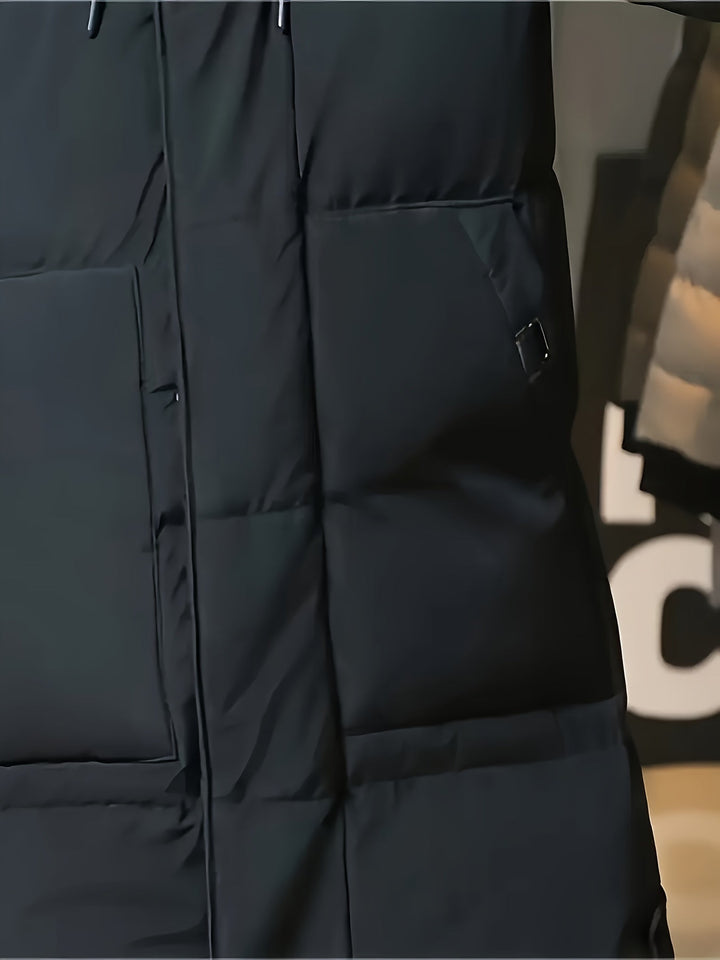 Detail of Barnaby black coat pocket and side tab closure