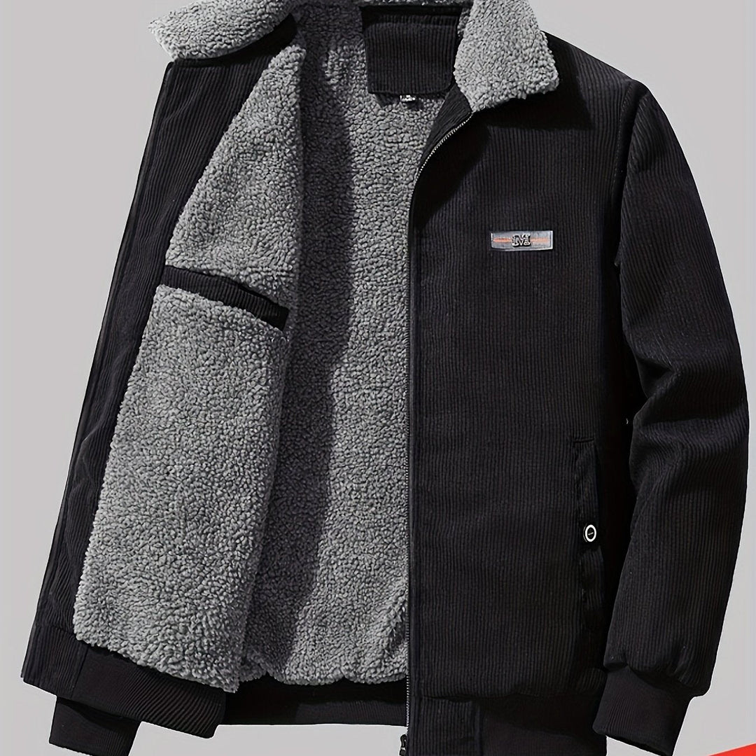 Barnaby fleece lined corduroy jacket open, close-up front view