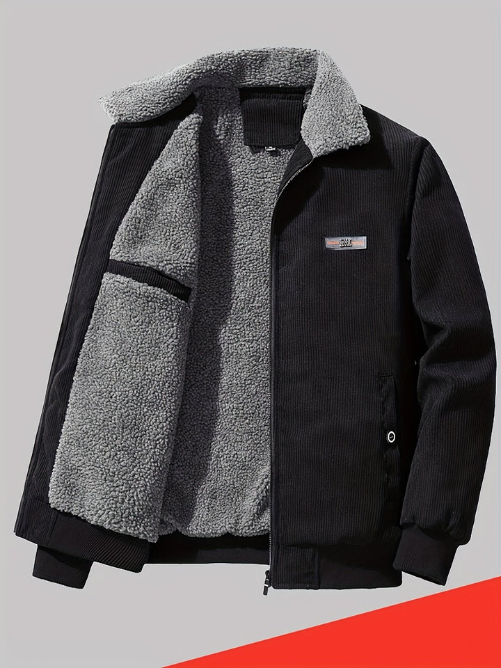 Barnaby corduroy jacket open showing fleece lining, front view