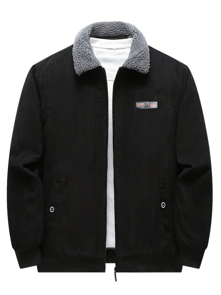 Barnaby corduroy jacket fully zipped, front view