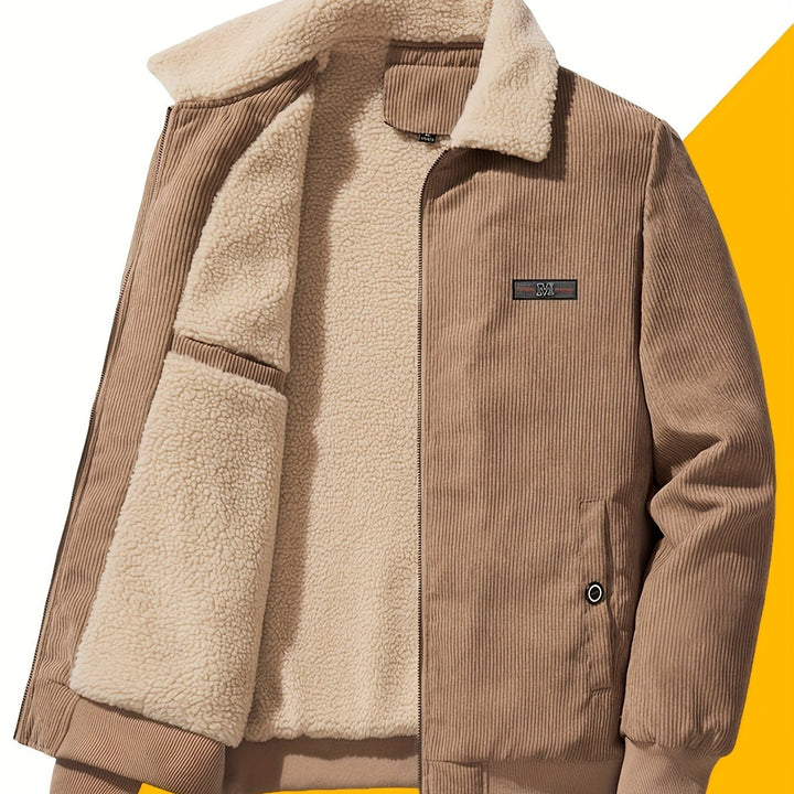 Barnaby corduroy jacket open, close-up front view in tan