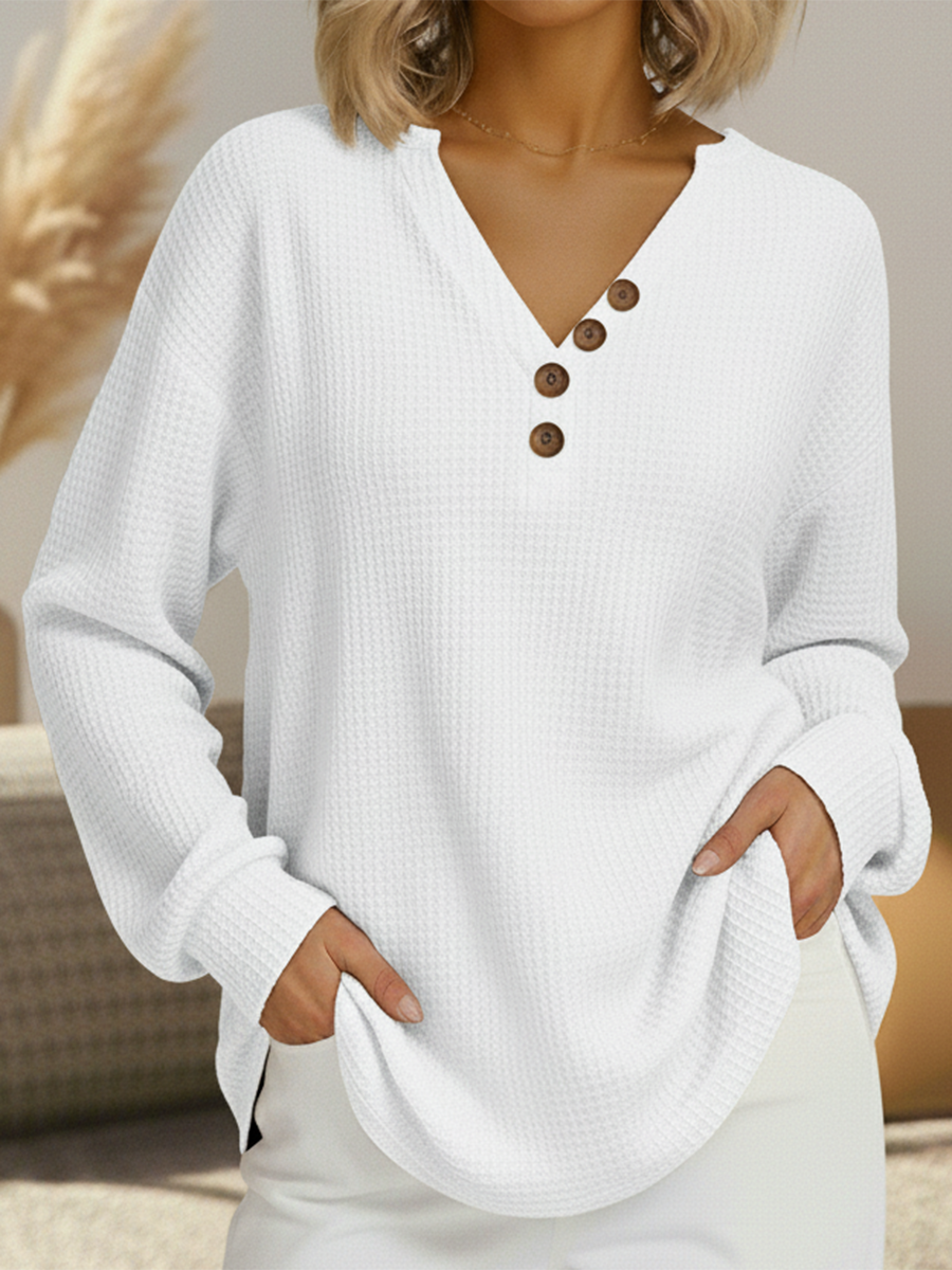 Bridget button front V-neck waffle knit jumper in white, front view