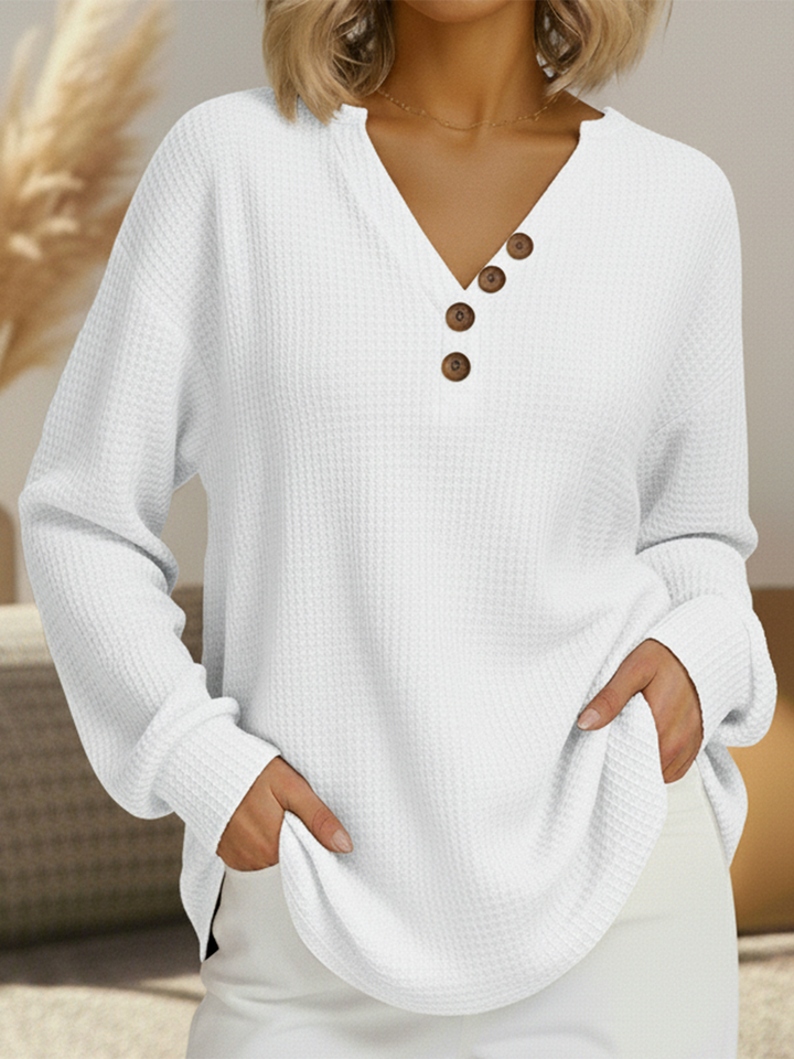 Bridget button front V-neck waffle knit jumper in white, front view