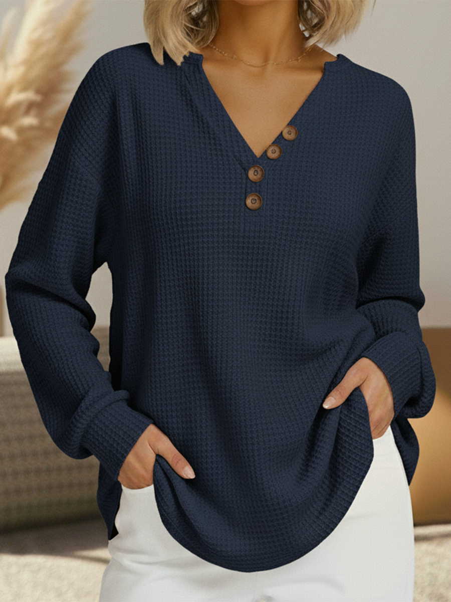 Bridget button front V-neck waffle knit jumper in navy, front view