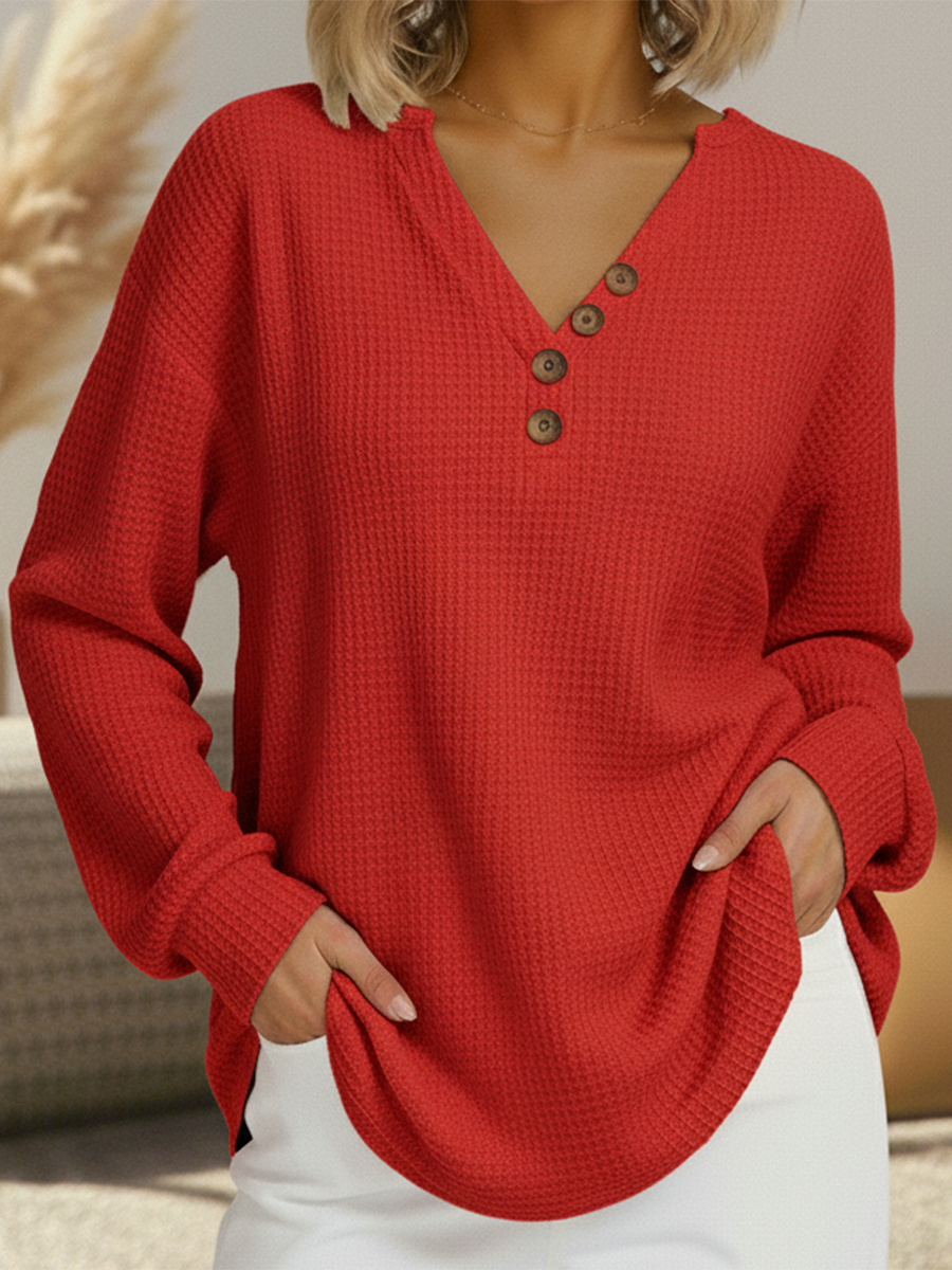 Bridget button front V-neck waffle knit jumper in red, front view