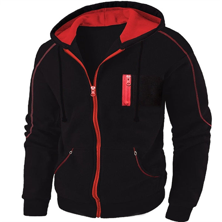 Callum full-zip hooded jacket in black with red contrast zip and drawstring hood, front view