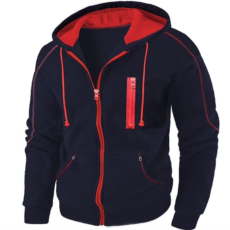 Callum full-zip hooded jacket in navy blue with red contrast stitching, front view