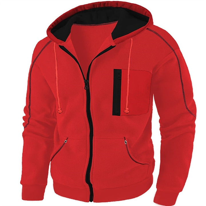 Callum full-zip hooded jacket in red with contrast chest pocket, front view