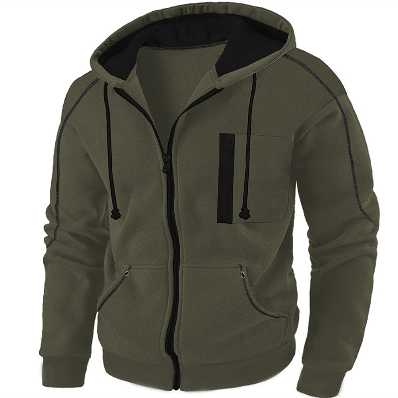 Callum full-zip hooded jacket in green with contrast zip pocket, front view