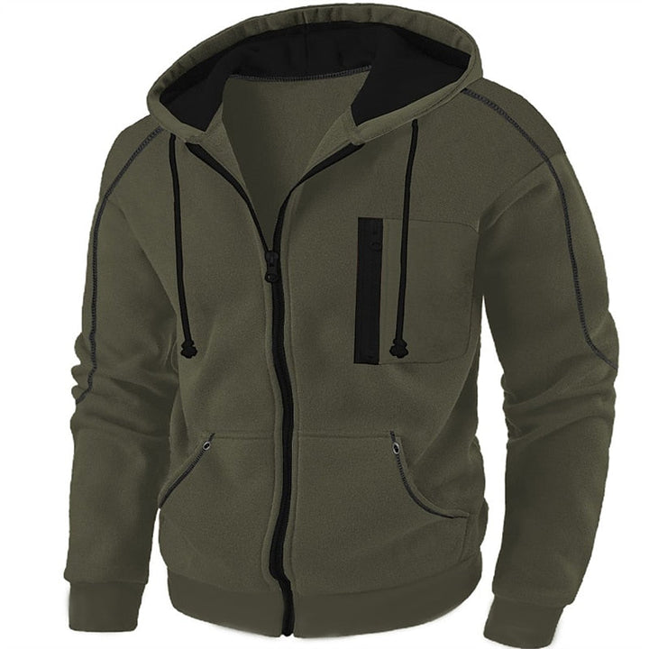Callum full-zip hooded jacket in green with contrast zip pocket, front view