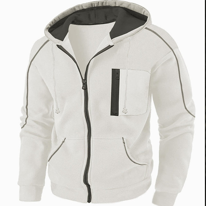 Callum full-zip hooded jacket in white with contrast stitching, front view