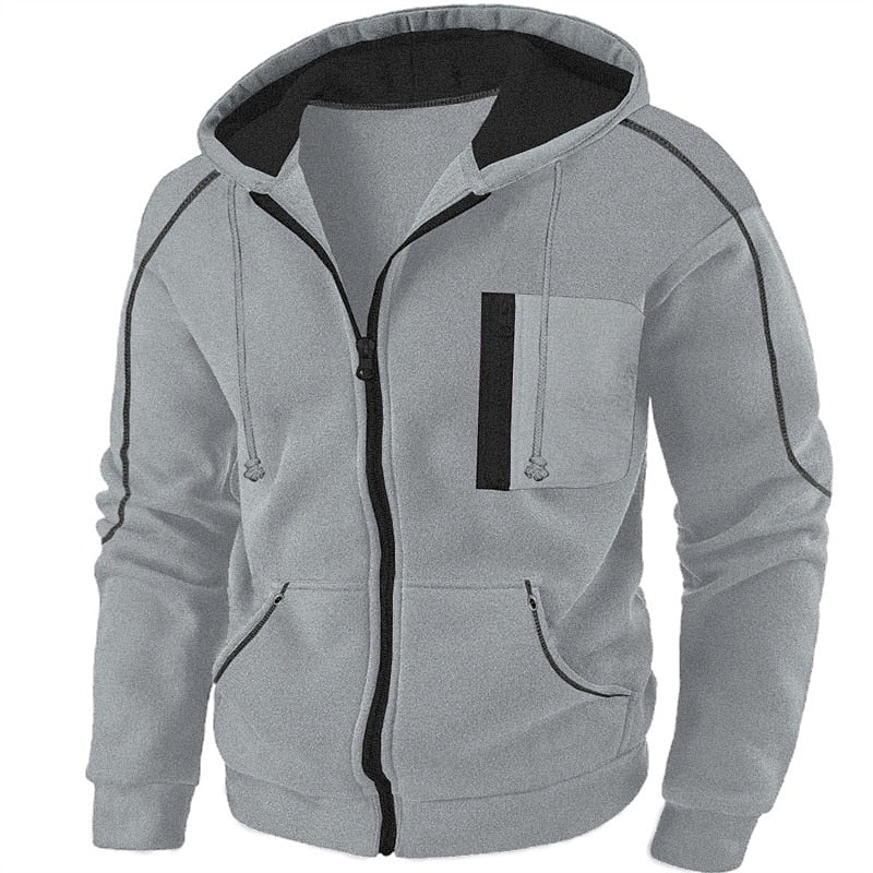 Callum full-zip hooded jacket in dark grey with contrast chest pocket, front view