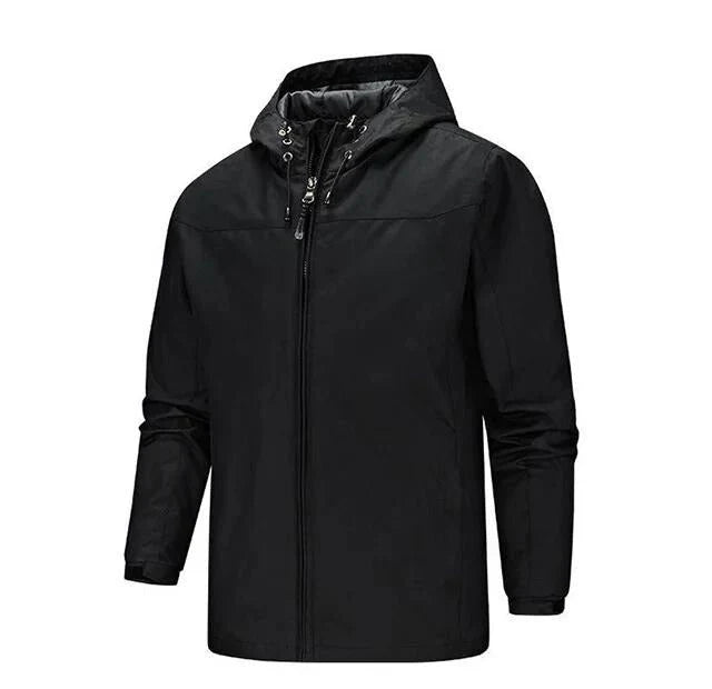 Callum lightweight hooded rain jacket in black, front view