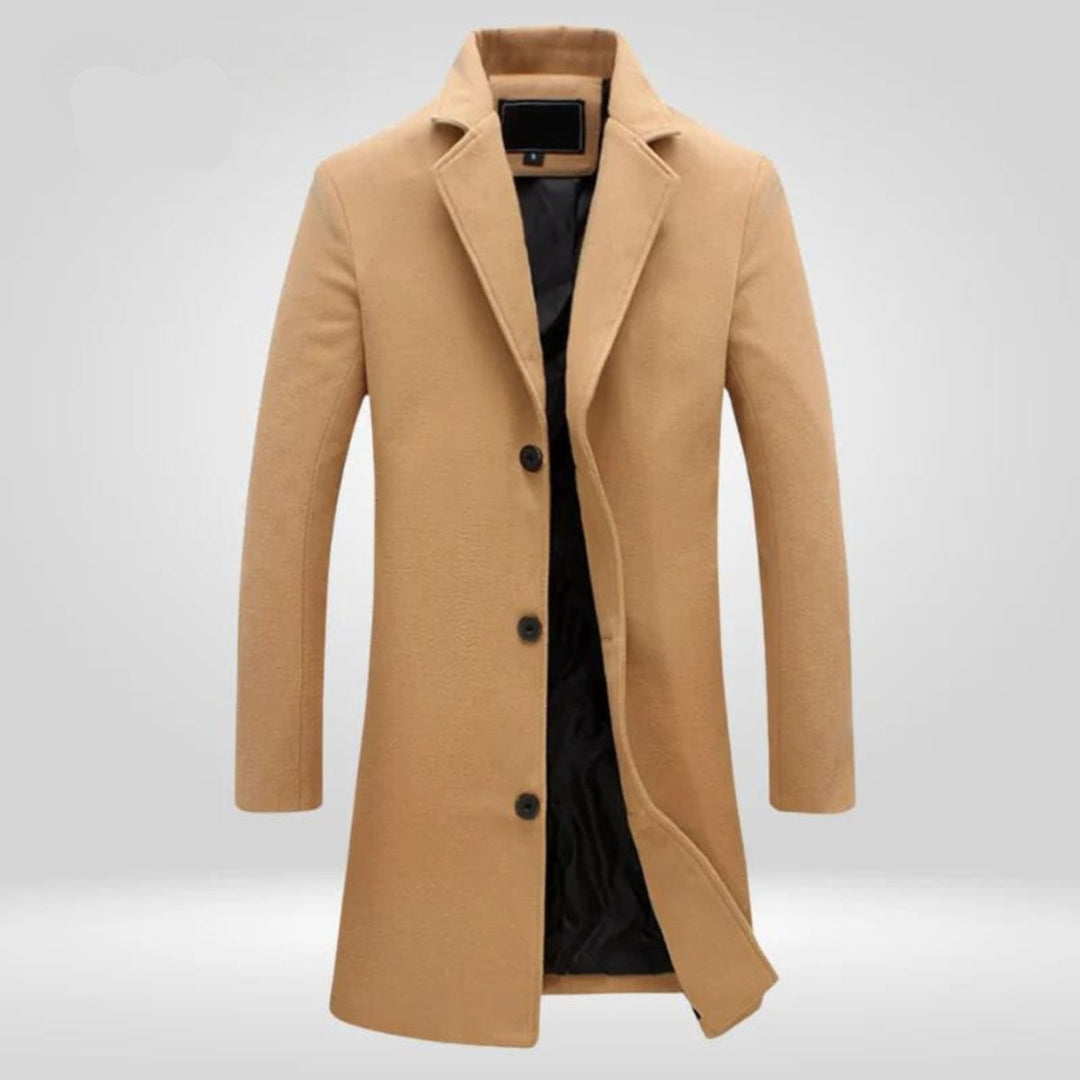 Callum single-breasted notch lapel overcoat in camel, front view