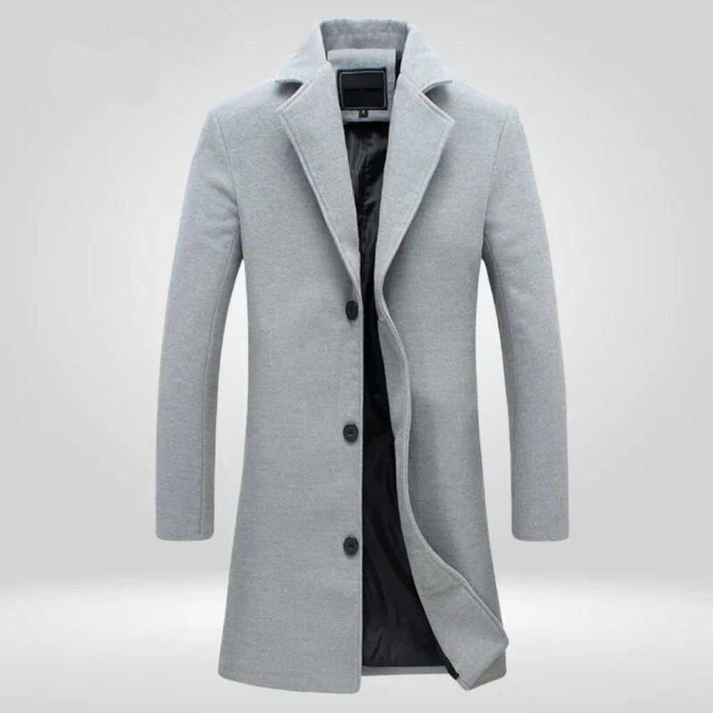Callum single-breasted notch lapel overcoat in grey, front view