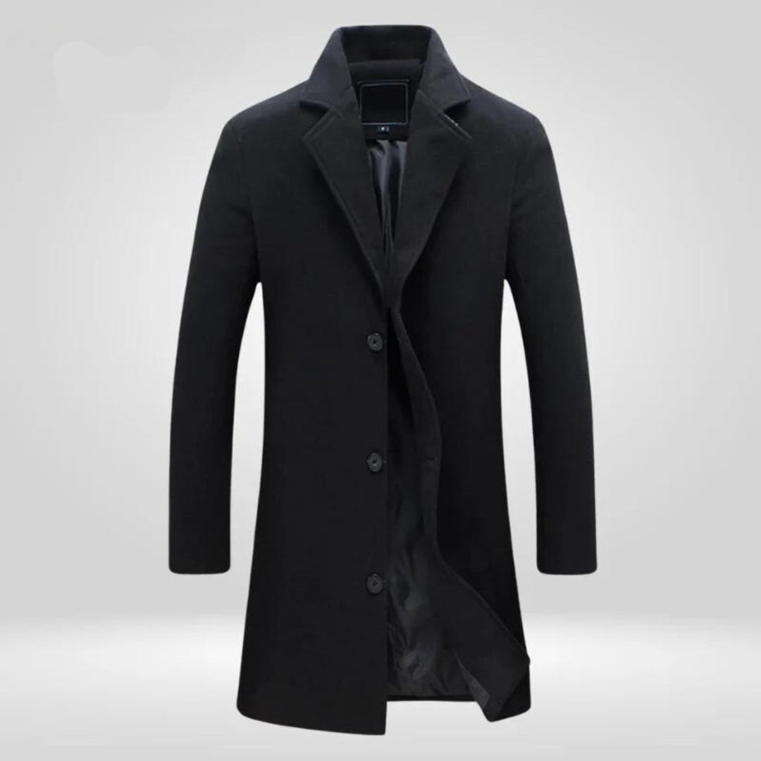 Callum single-breasted notch lapel overcoat in black, front view