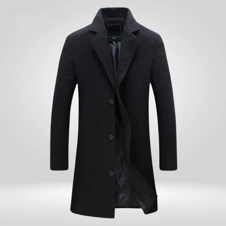Callum single-breasted notch lapel overcoat in black, front view