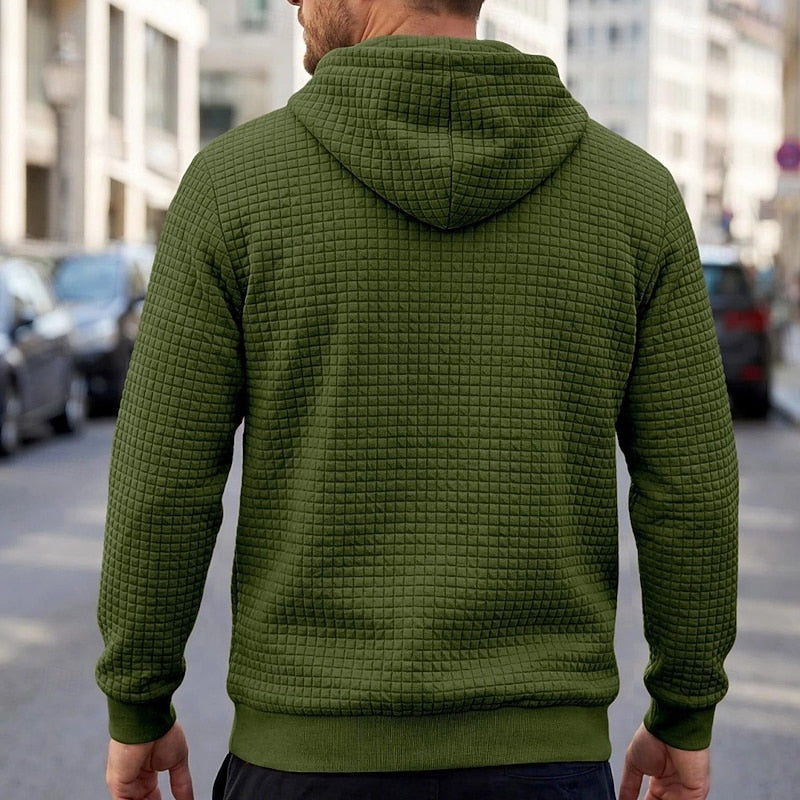 Callum army green textured waffle hoodie, back view on model