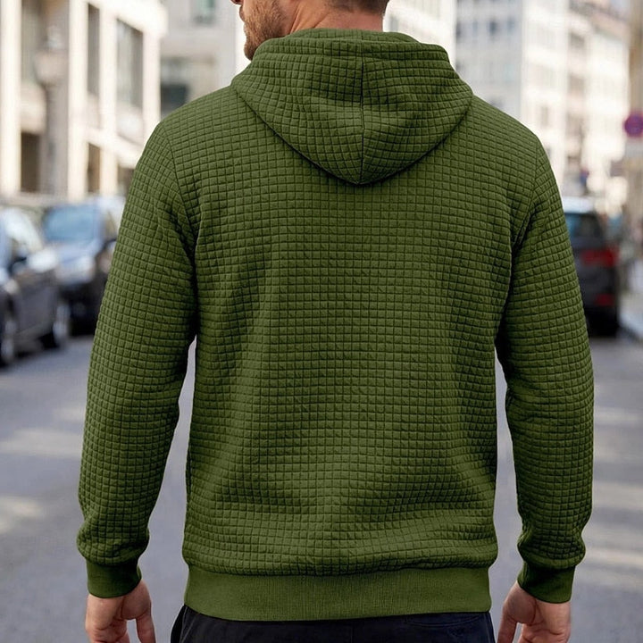 Callum army green textured waffle hoodie, back view on model