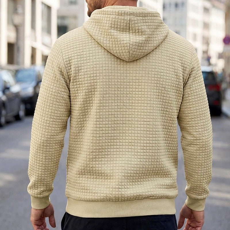 Callum khaki textured waffle hoodie, back view on model