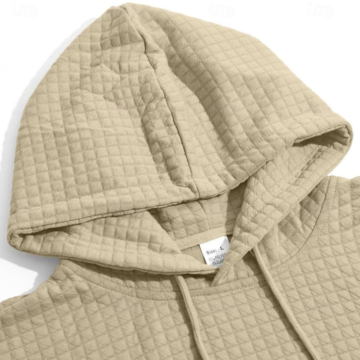Close-up of Callum hoodie hood and drawstring detail with waffle texture