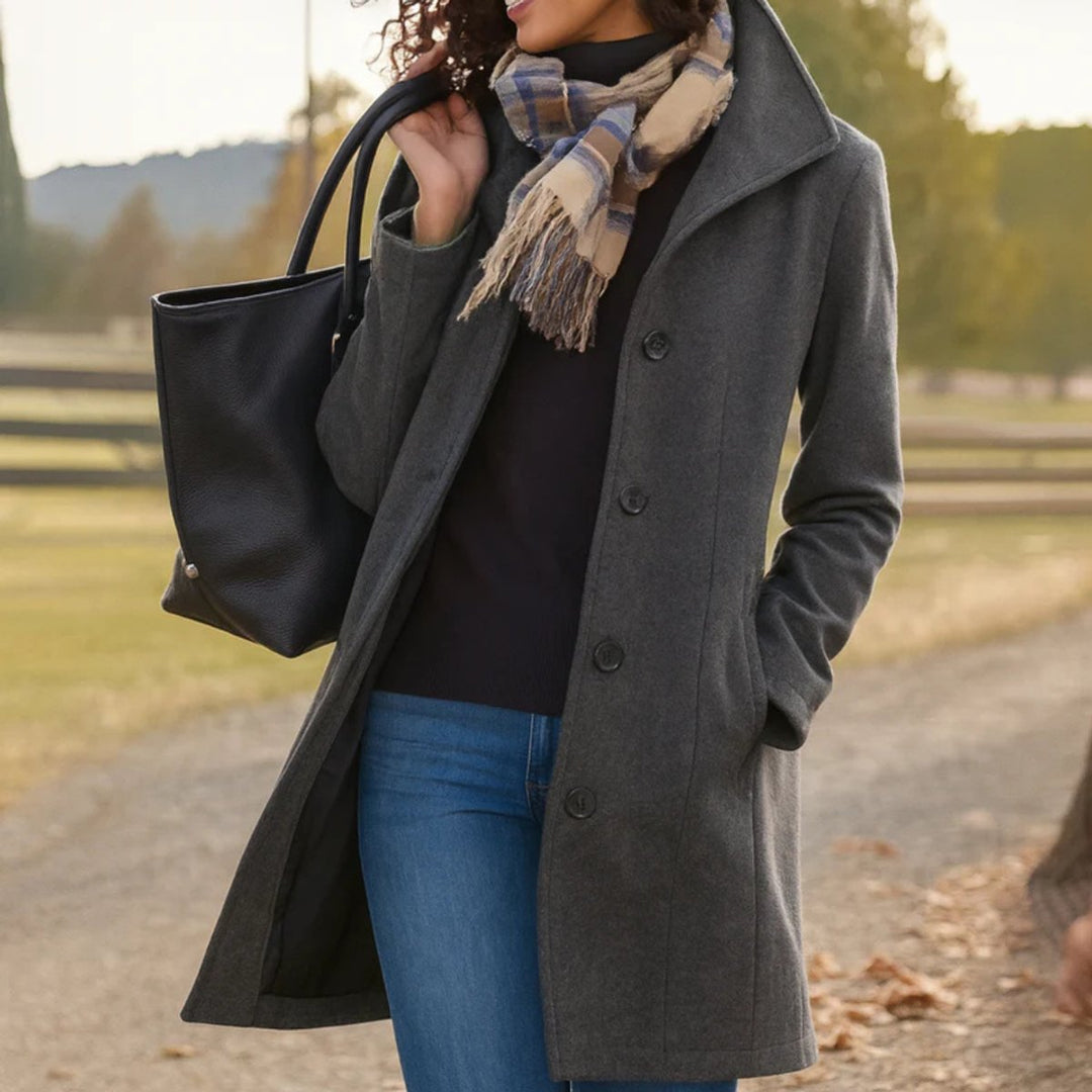 Cecily classic single-breasted mid-length coat in grey, front view with scarf and tote bag