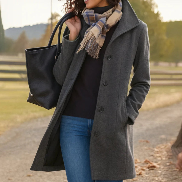 Cecily classic single-breasted mid-length coat in grey, front view with scarf and tote bag