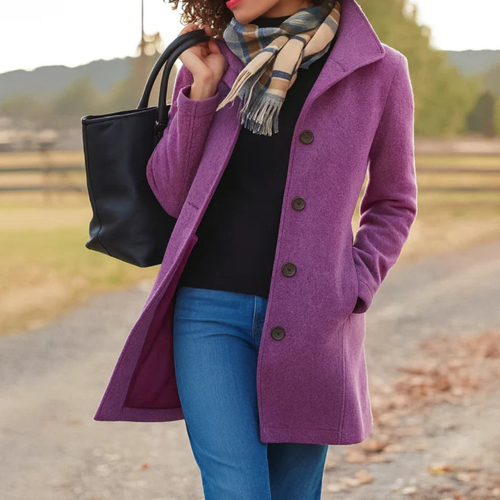 Cecily classic single-breasted mid-length coat in purple, front view with scarf and tote bag