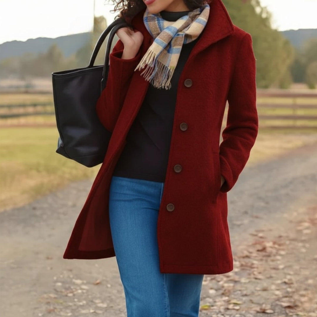Cecily classic single-breasted mid-length coat in red, front view with scarf and tote bag