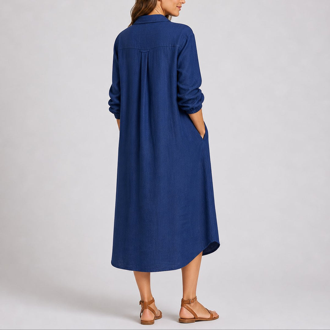 Charlotte navy midi shirt dress, back view showing pleat detail