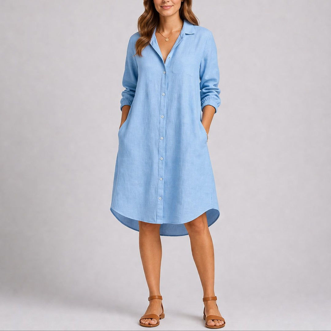 Charlotte light blue midi shirt dress with chest pocket, front view