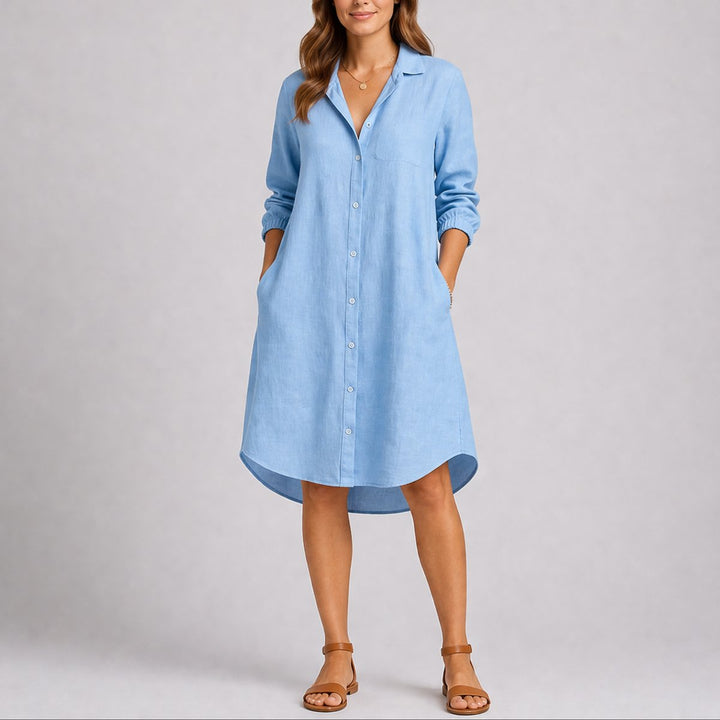 Charlotte light blue midi shirt dress with chest pocket, front view